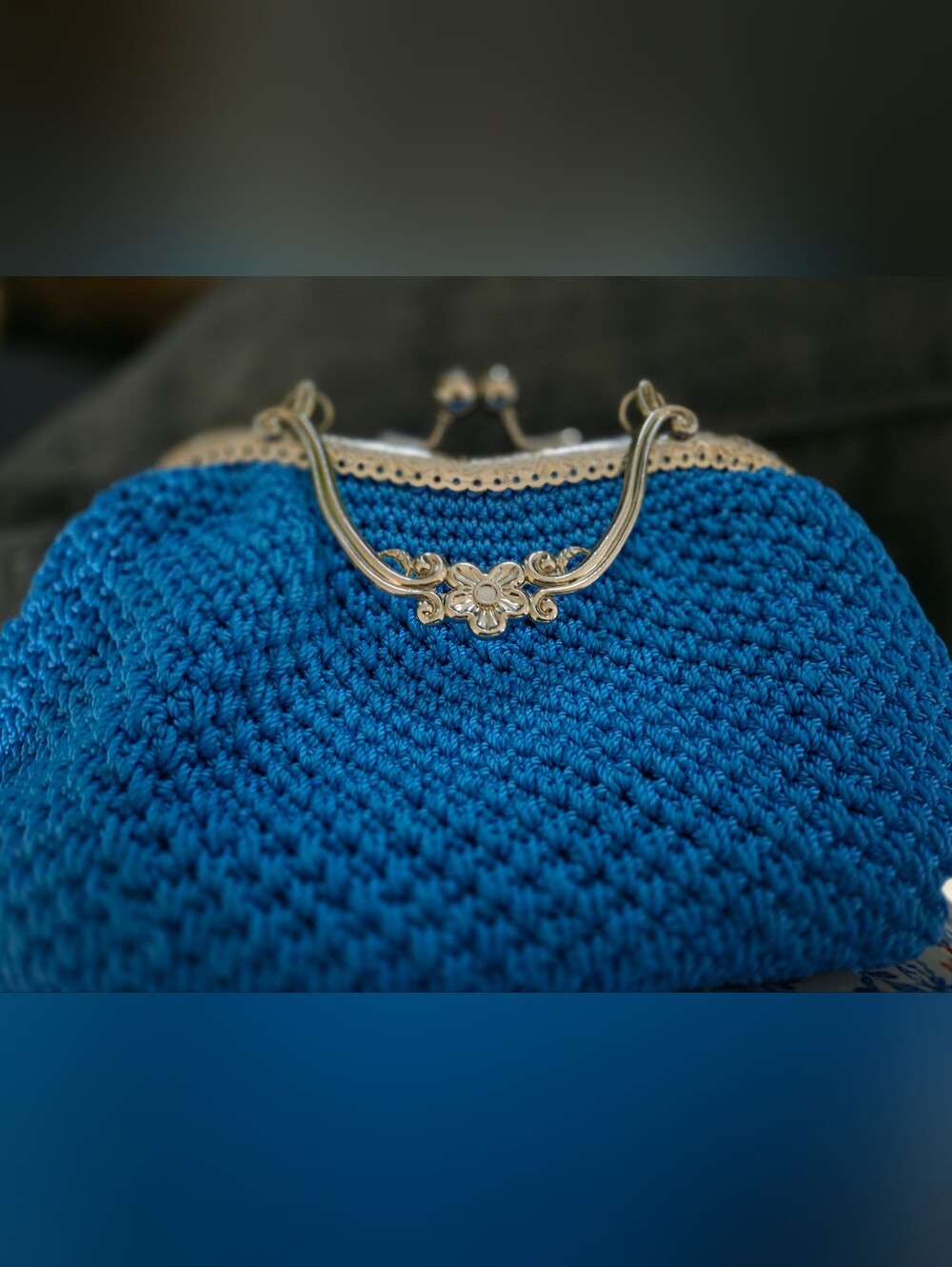 Handmade Blue Crochet Frame Clutch with Silver Accent